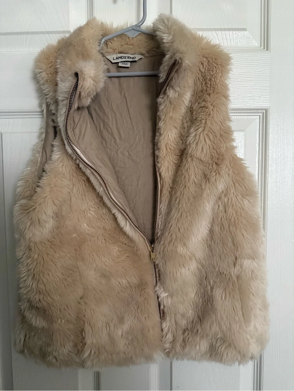 Lands' End Plush Faux Fur Vest in Beige